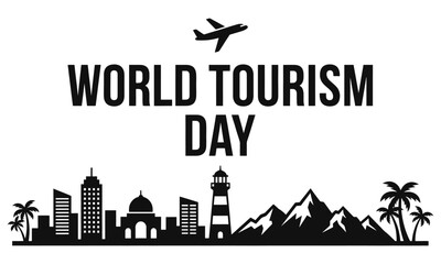 Obraz premium World tourism day banner with city skyline, mountains, palm trees and airplane