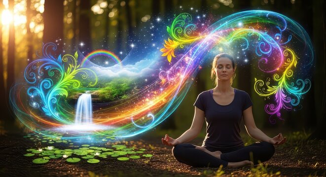 Young woman meditating in a forest with colorful light trails. Female practicing mindfulness in nature with vibrant energy effects.