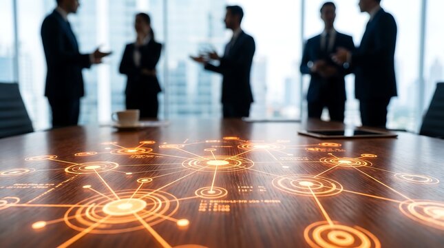 Corporate executives having meeting with digital network connectivity data overlay glowing on wooden table and blurred silhouettes of professionals in bright office boardroom