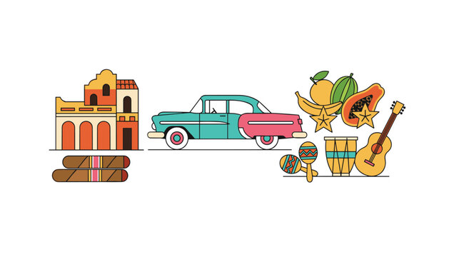 Collection of Cuban culture icons including old colonial building, retro car, cigars, traditional musical instruments, and exotic fruits.