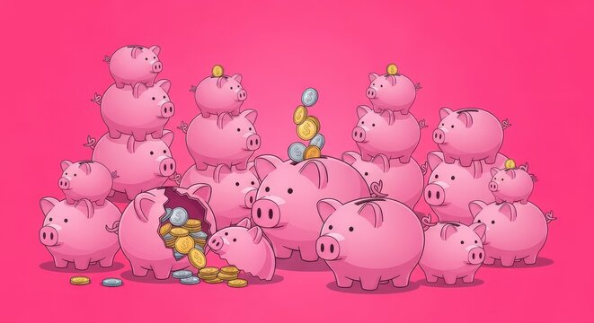 Cute cartoon piglets resting on pink background. Playful farm animals in a colorful scene.