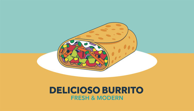 Delicious mexican burrito banner with fresh vegetable ingredients on plate ideal for restaurant advertising and food menus.
