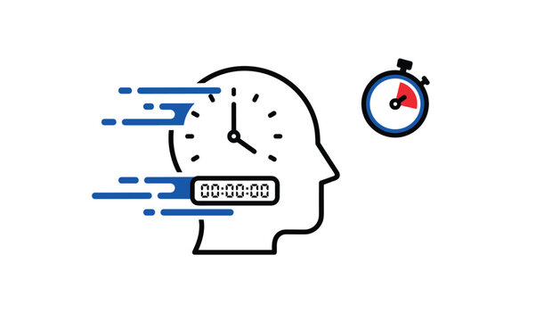 Conceptual time management icon with clock face inside human head and stopwatch representing speed, productivity, and cognitive thinking.