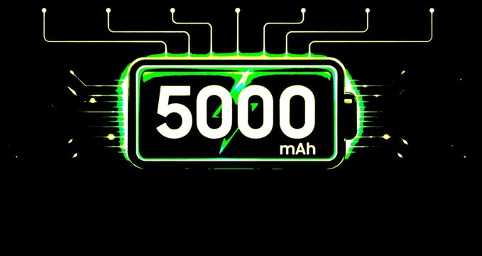 Futuristic illustration of a 5000 mAh battery capacity indicator with glowing green neon lighting bolt and circuit board lines on dark background for tech devices.