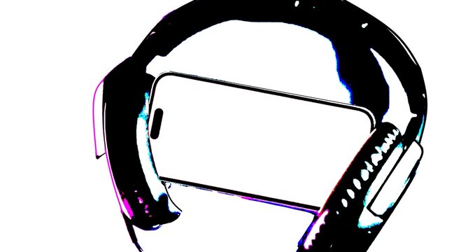 Black over ear headphones surrounding a horizontal smartphone with a blank white mockup screen, representing mobile music streaming, podcast, listening, and audio technology.