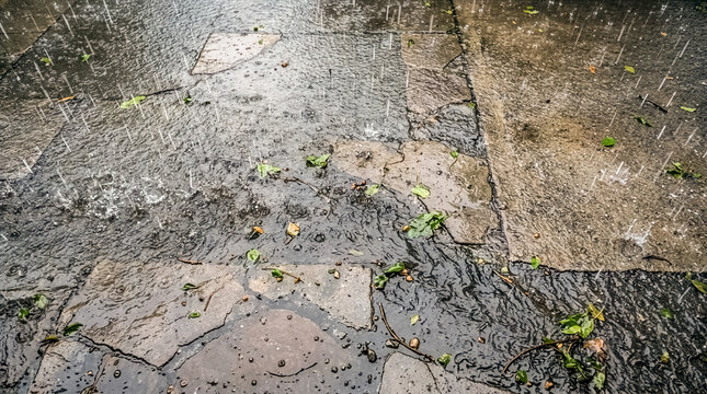 Heavy rain downpour pavement puddle splashing water fallen leaves storm