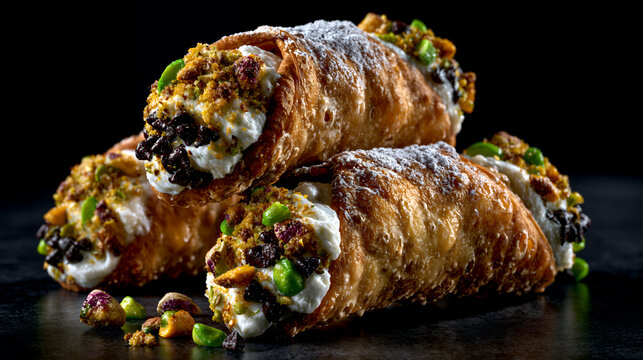 Sicilian Cannoli Filled with Ricotta Cream and Pistachios Close Up