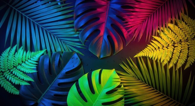 Colorful tropical leaves in vibrant neon lighting. Exotic plant foliage with vivid hues for creative design projects.