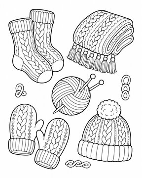 Vertical Clean line art coloring page illustration of a cozy winter clothing set with cable knit socks, scarf, mittens, hat, and yarn, ideal for handmade craft themes or hobby concepts.