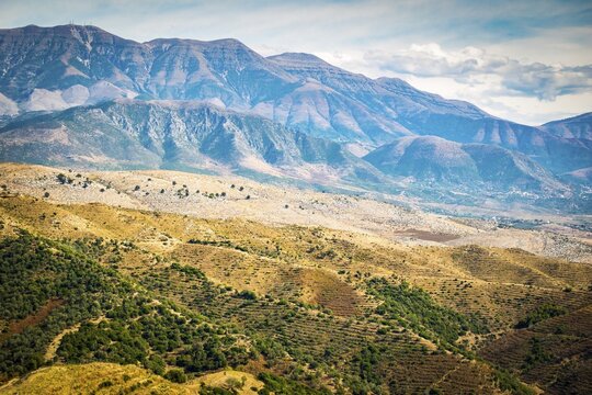 Dramatic viewsof the mountains from the car on the main road. Albania