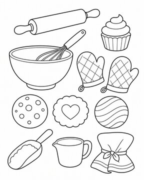 Vertical Minimalist outline illustration set of baking equipment and treats like a cupcake and cookies, a friendly design for a printable kids' coloring book or educational kitchen worksheet.