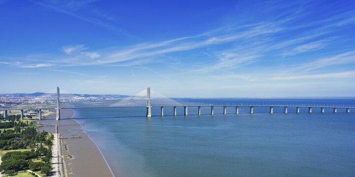 Aerial view of the Cable-stayed Vasco de Gama Bridge, Park of Nations, Lisbon, Portugal