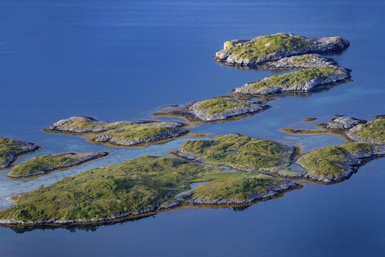 View of archipelago islands in the fjord, view of Raftsund fjord with mountains, view from the summit of Keiservarden or Digermulkollen, Vester&aring;len, Norway