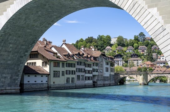 Row of houses on the banks of the river Aare, Nydegg district, Bern, Canton of Bern, Switzerland