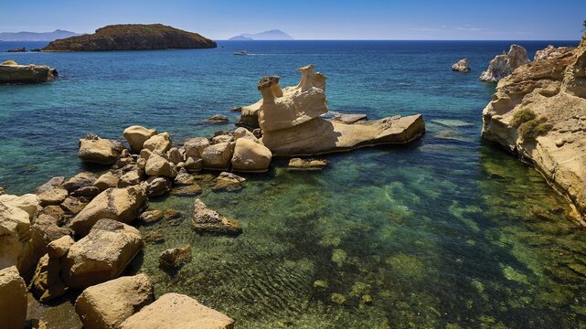 A variety of rocks rise from crystal clear water against a small island in the background, Aspragremna, White Cliffs, Mavorspilia Beach, Kimolos Island, Kimolos, Cyclades, Greek Islands, Greece