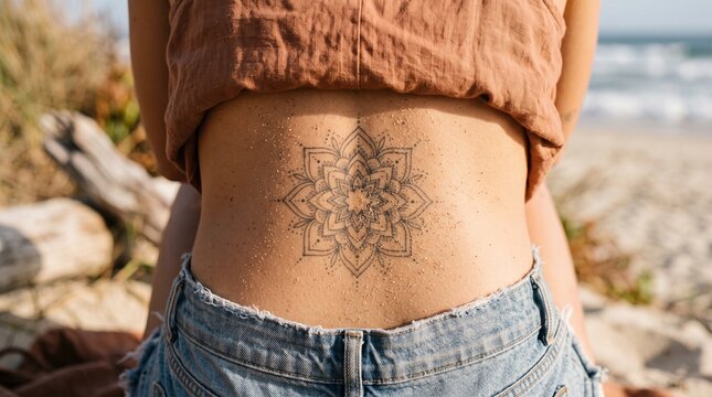 creative stunning field of depth focus sharp quality high detailed Woman lower back close up macro photography mandala tattoo design