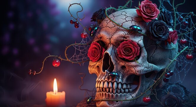 Decorative skull with roses and candles for Halloween or Day of the Dead celebrations. Artistic skull with floral accents and moody lighting.