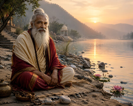 Guru purnima portrait of spiritual teacher meditating beside serene river at sunrise during hindu religious festival symbolizing wisdom devotion inner peace and enlightenment