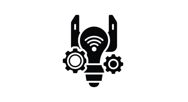 Innovation concept robot head with lightbulb black and white line art illustration