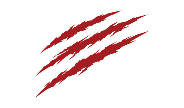 Dramatic red claw scratch marks isolated on white background, fierce animal attack effect, horror movie graphic