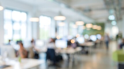 Obraz premium Blurred modern office interior with employees working at desks in bright open space environment suitable for corporate business backgrounds and professional website imagery