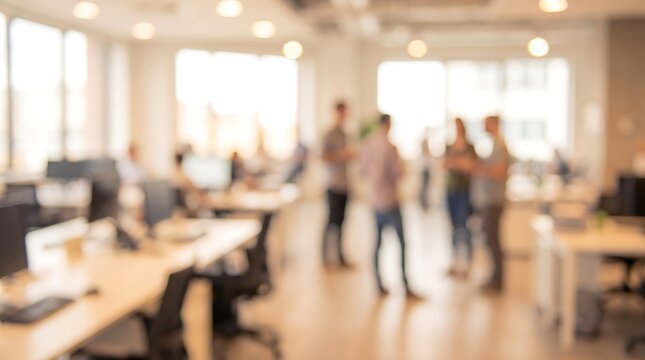 Blurred office interior with group of diverse business professionals standing and talking together in modern open plan workspace with natural bright light flowing through large windows