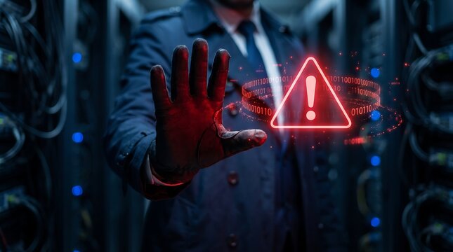 Business professional showing hand gesture against glowing red warning sign and binary stream in server data center illustrating cybersecurity alert and system defense