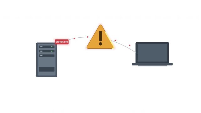 animation showing server error, warning triangle, laptop connection, technology glitch