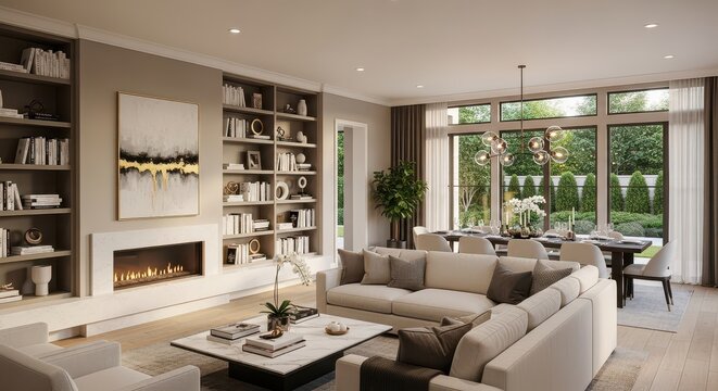 Modern living room with comfortable sofa and large windows. Bright, cozy interior for home relaxation and family gatherings.