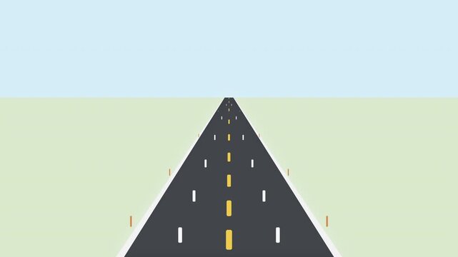 Animated cartoon road leading straight into the distance, forward motion, travel concept