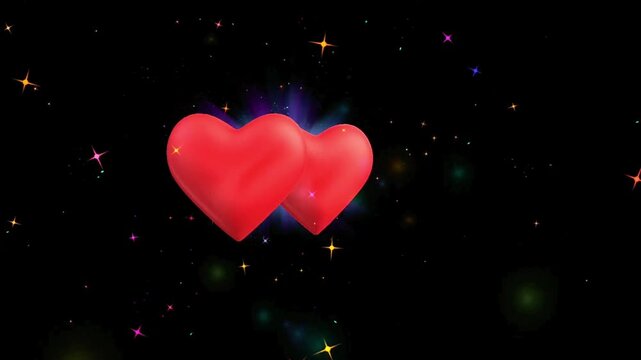 Romantic 3D double heart animation with magical light rays and twinkling stars for Valentine's Day.
