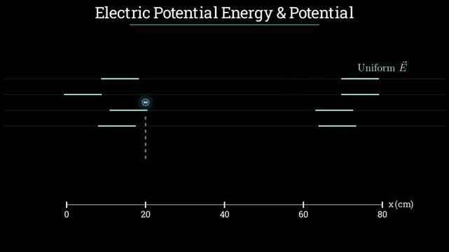 2D physics animation comparing electric potential energy and electric potential around point charges, conceptual physics simulation
