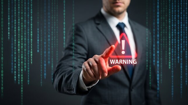 Business executive pointing at red warning icon on digital screen representing cybersecurity threat and data breach risk with binary code background in dark office environment
