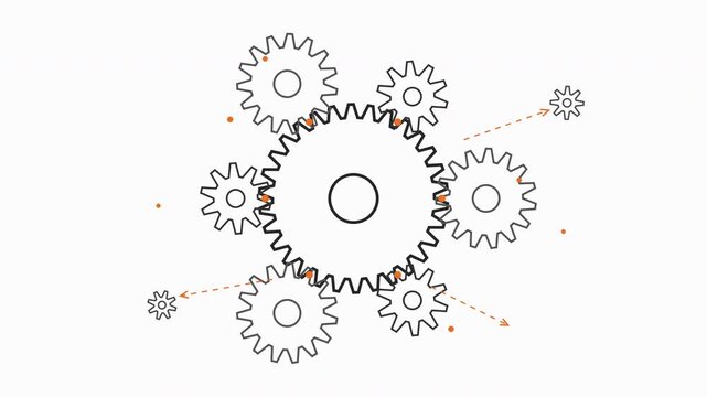 Large cogwheel surrounded by smaller gears, a concept for system ideas and solutions