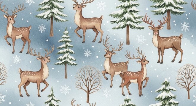 Festive winter scene with reindeer and snow-covered trees. Seasonal holiday landscape for Christmas marketing and decoration themes.