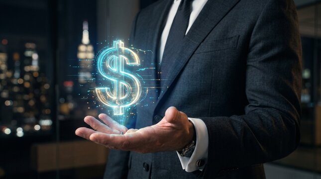 US Dollar Currency Icon with Digital Hologram Concept for Financial Technology, Banking and Investment Services