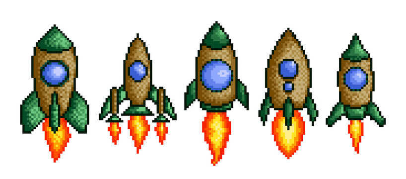 A set pixel green rockets in flight.
