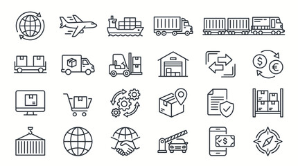 Fototapeta premium Logistics icons represent a comprehensive set of symbols for global supply chain management, shipping, and distribution operations.