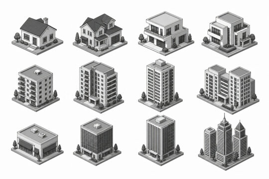 Set of pixel art isometric buildings and houses icons