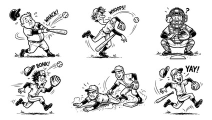 Obraz premium Baseball player cartoon set. Hand drawn sports sketches of athletes in action.
