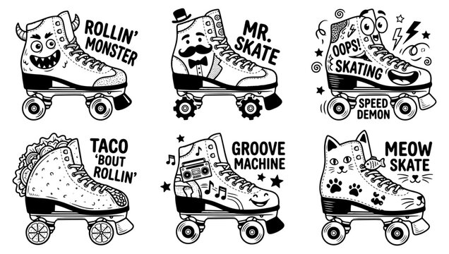 Set of retro roller skates illustrations. Vintage quad skate doodles with funny slogans.