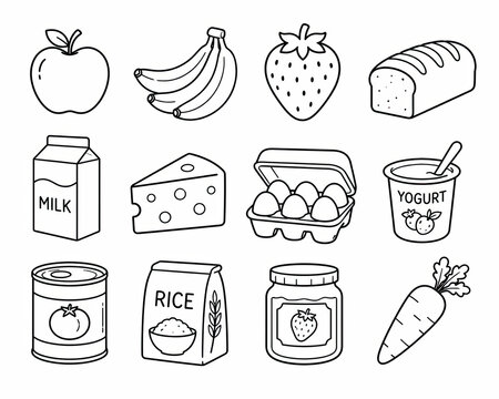 Set of simple food and grocery line icons on a white background