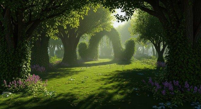 Serene park landscape with lush trees and sunlight. Tranquil outdoor scene for relaxation and nature themes.