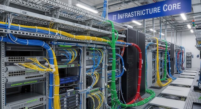 Data center server racks with networking equipment. Modern IT infrastructure for digital operations.