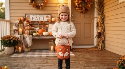 Plakat Adorable young girl in cozy sweater and beanie holding a fox trick-or-treat bag