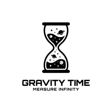 Creative time-keeping graphic merging astronomy and gravity themes, featuring orbiting planets inside an hourglass silhouette.