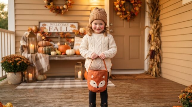 Adorable young girl in cozy sweater and beanie holding a fox trick-or-treat bag