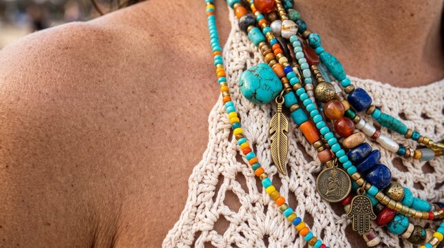Macro photo of woman's shoulder with necklaces 2k showing woman's features showing delicate skin pores natural beauty details and high-resolution skin texture with professional studio lighting