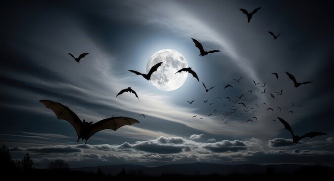 Dark stormy sky with flying bats and full moon. Eerie night scene with ominous atmosphere.