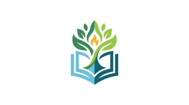 Open book with growing plant and flame symbolizing knowledge and growth.